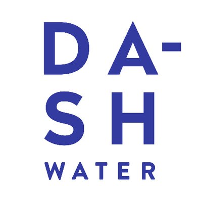 Logo with bold blue text reading DA-SH WATER on white background, gourmet drinks category