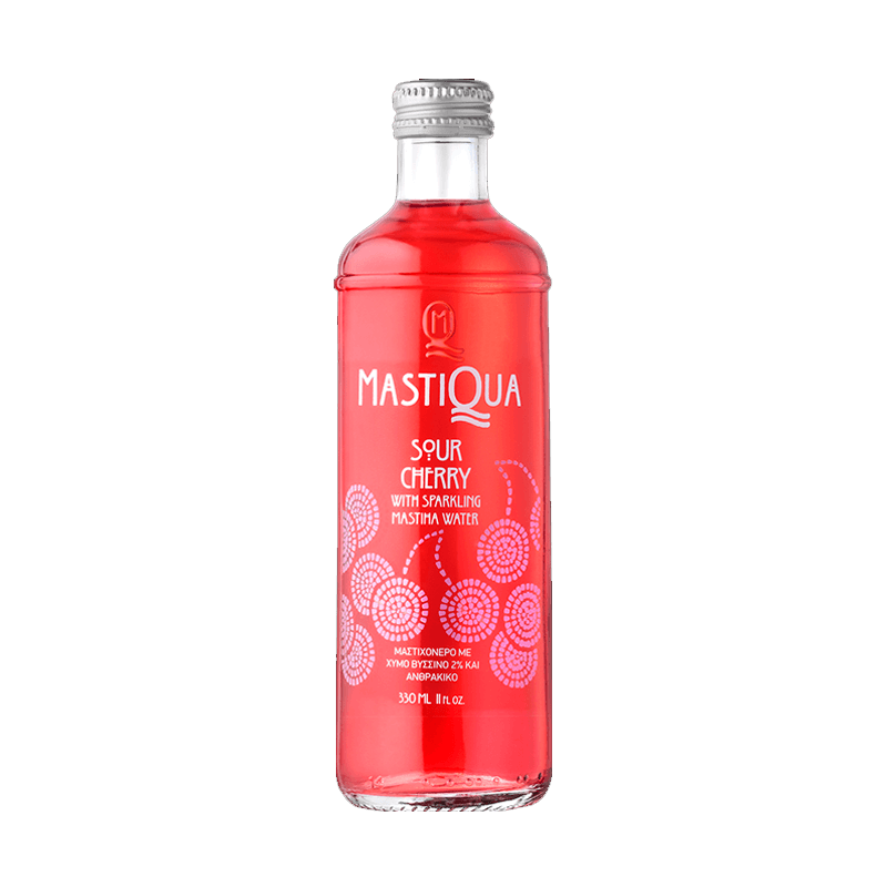 Mastiqa Sour Cherry sparkling masticha water in a clear glass bottle, 330ml.