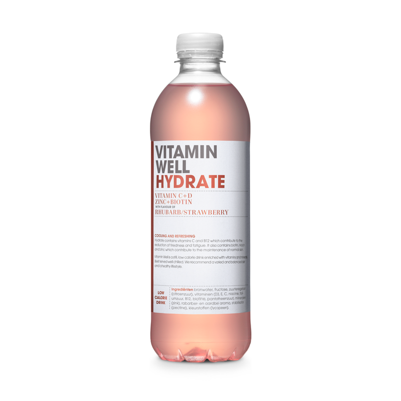 Vitamin Well Hydrate rhubarb strawberry vitamin drink bottle with pink liquid