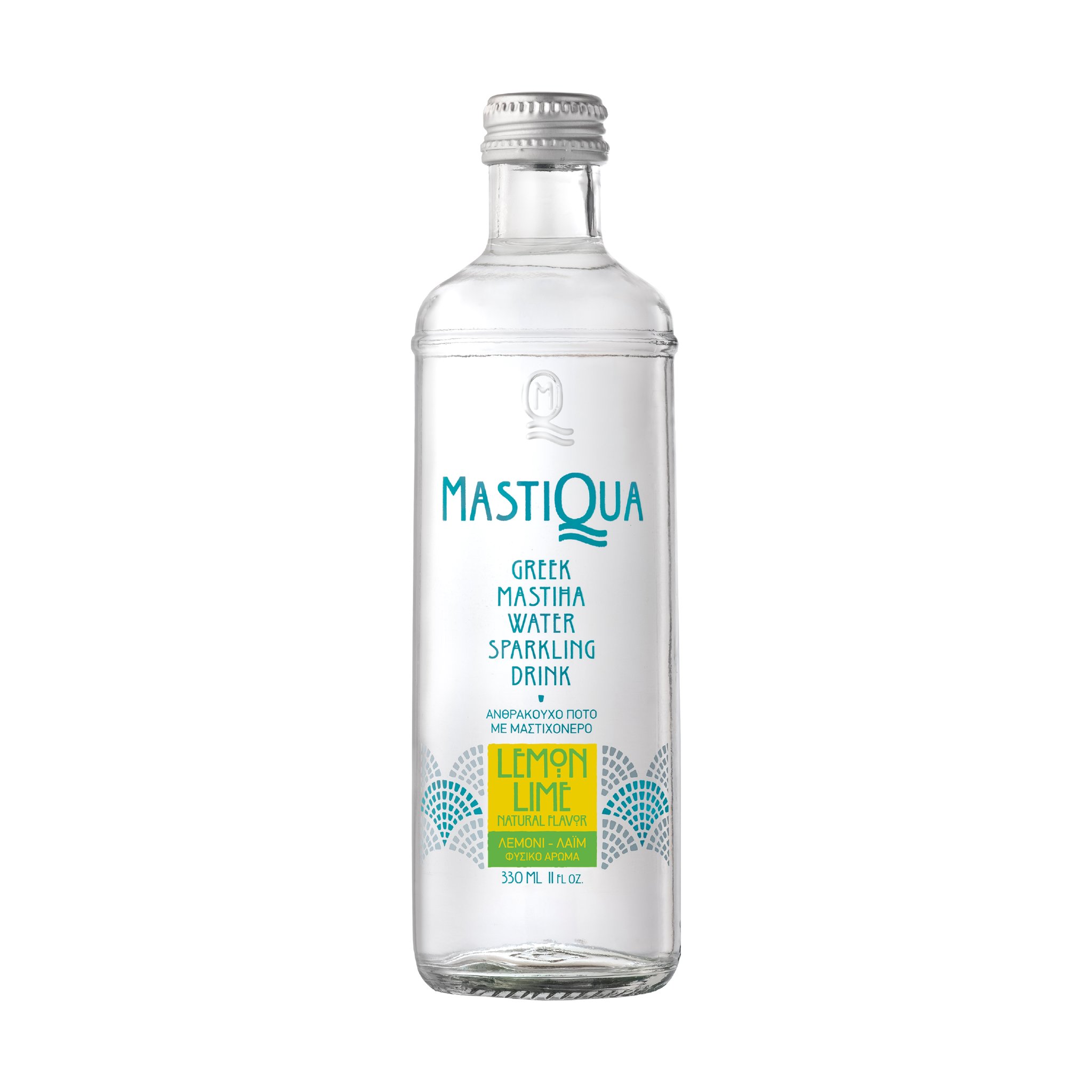 Mastiqua Greek mastiha sparkling water bottle, lemon lime flavor, 330ml, clear label
