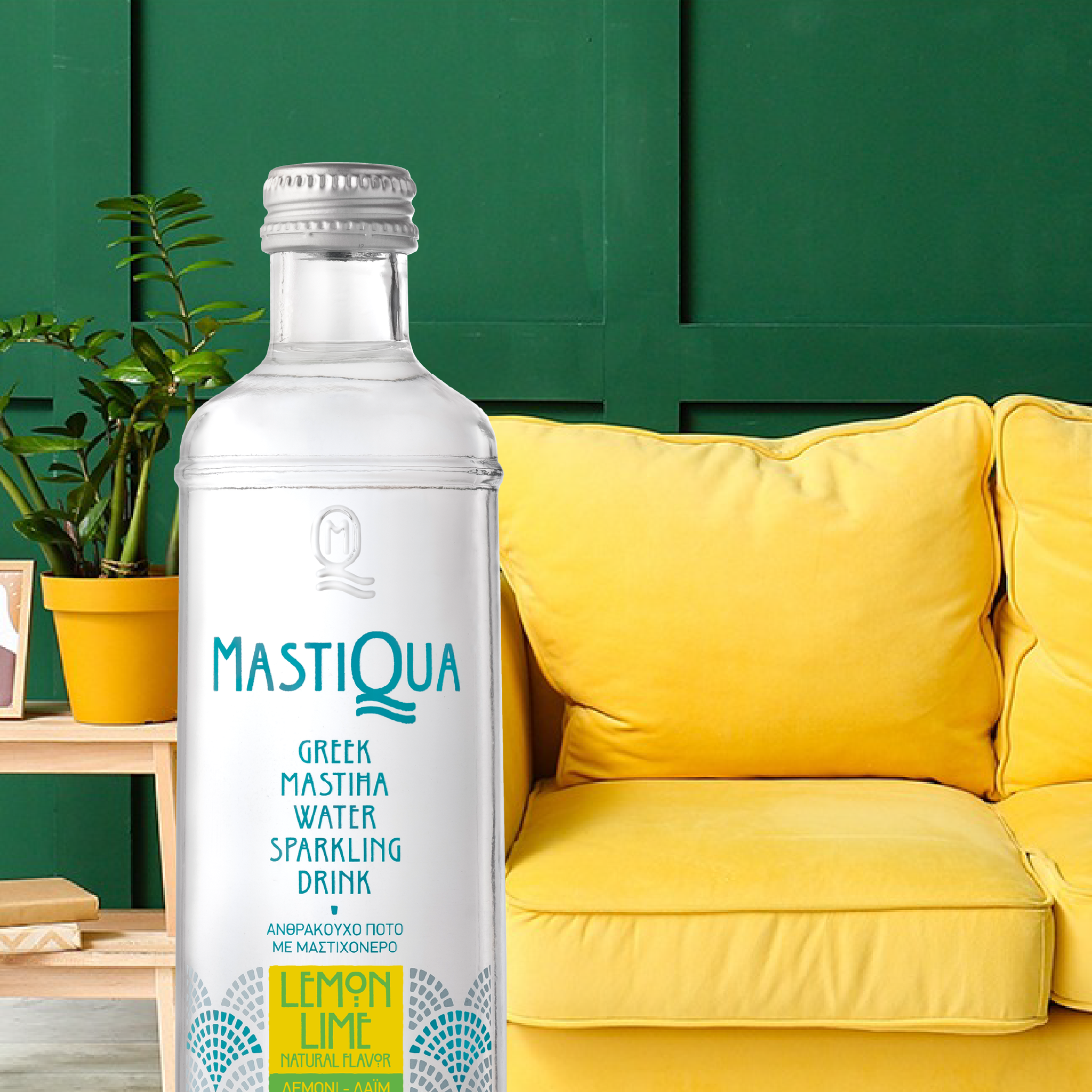 Mastiha lemon lime sparkling water bottle in modern living room with yellow sofa and green wall