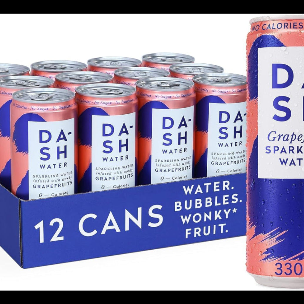Box of Dash Grapefruit Sparkling Water cans with one can standing upright.