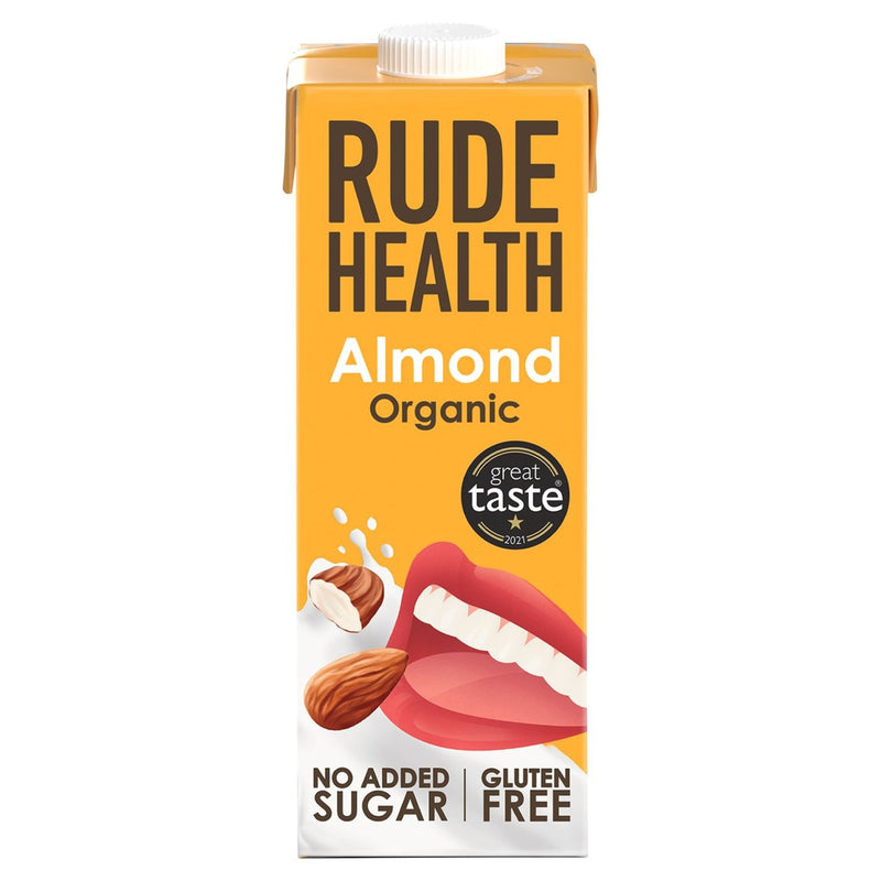 Organic almond drink carton labeled no added sugar, gluten free, and great taste award.