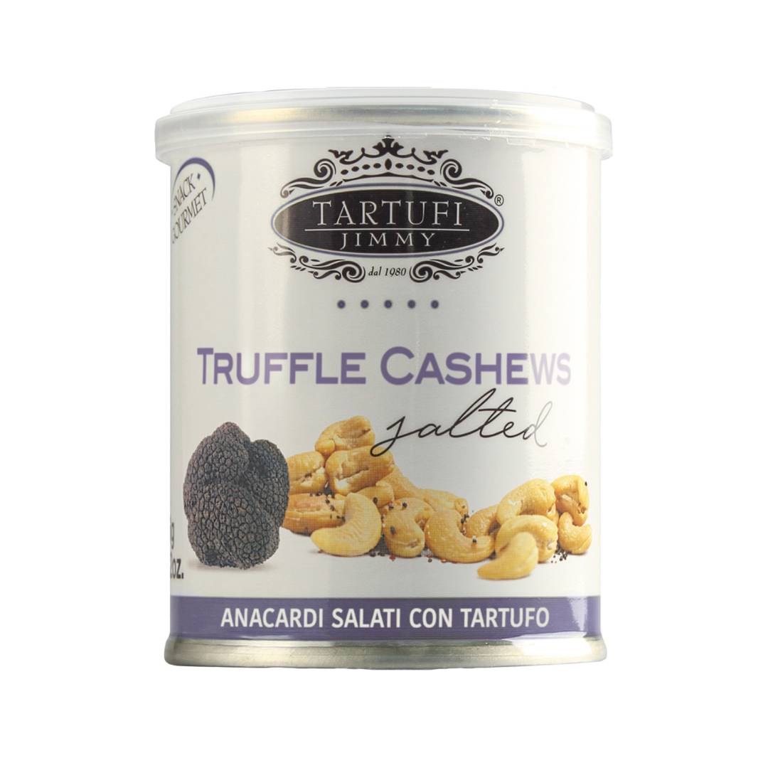 Can of salted truffle cashews with image of black truffle and cashew nuts on label