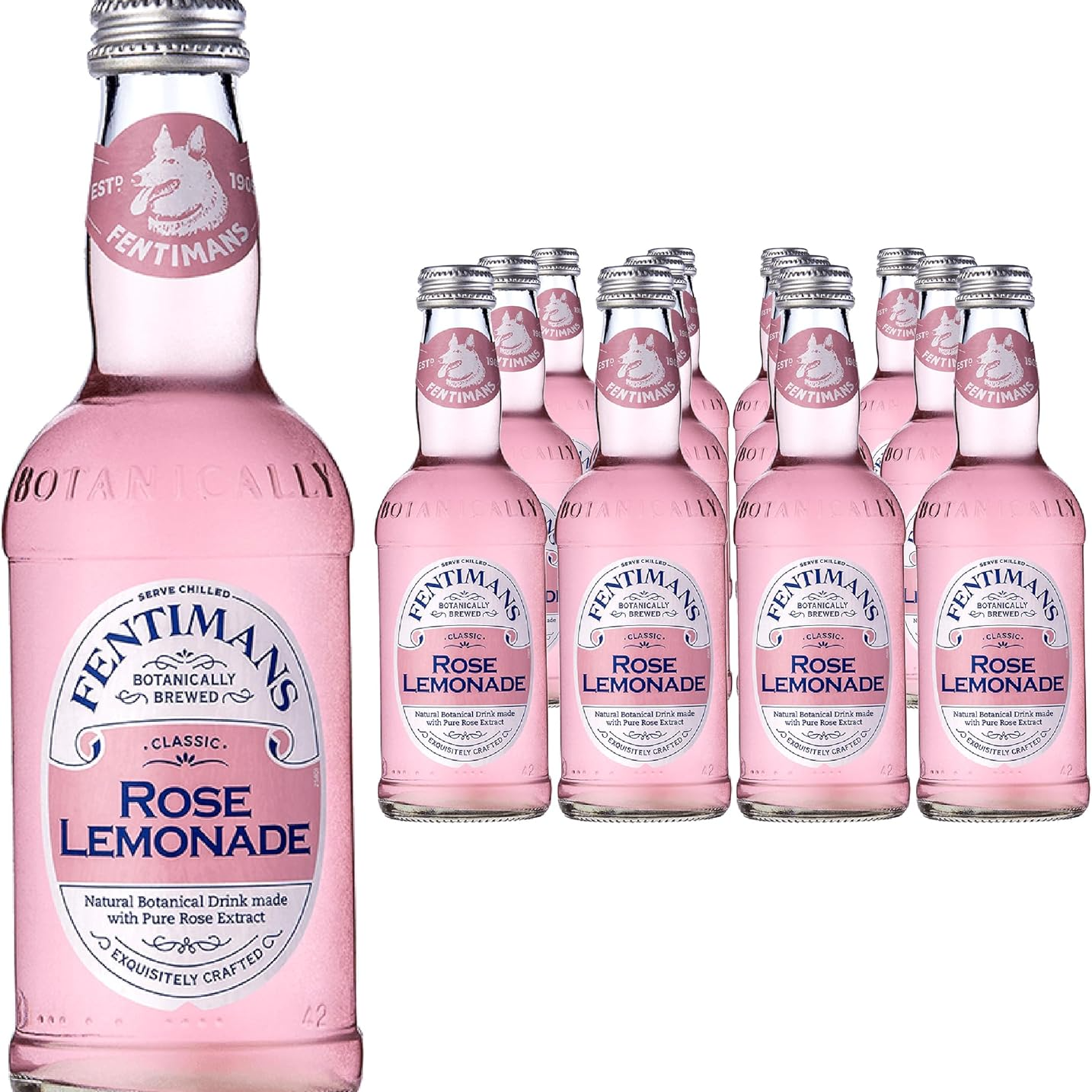 Fentimans Rose Lemonade pink drink bottles arranged in a group, gourmet beverage selection