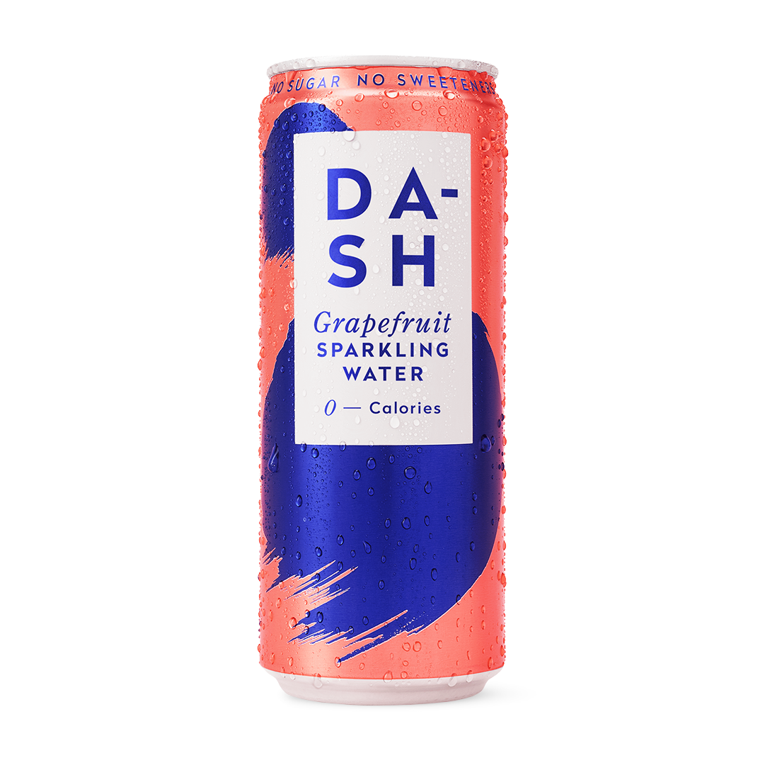 A can of DASH Grapefruit Flavoured Sparkling Water with a blue and orange design, indicating zero calories in the beverage.