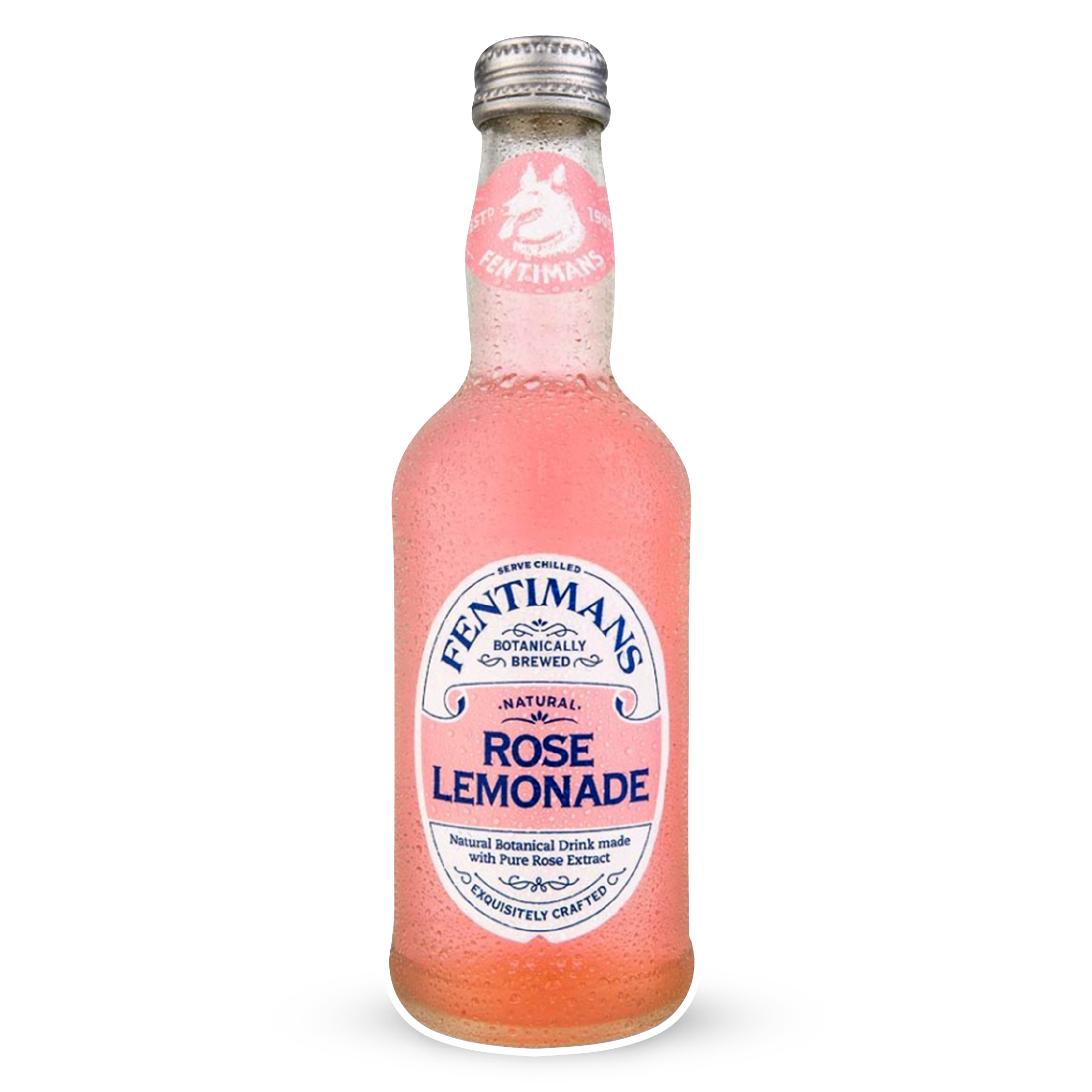 Glass bottle of Fentimans botanically brewed natural rose lemonade, pink drink
