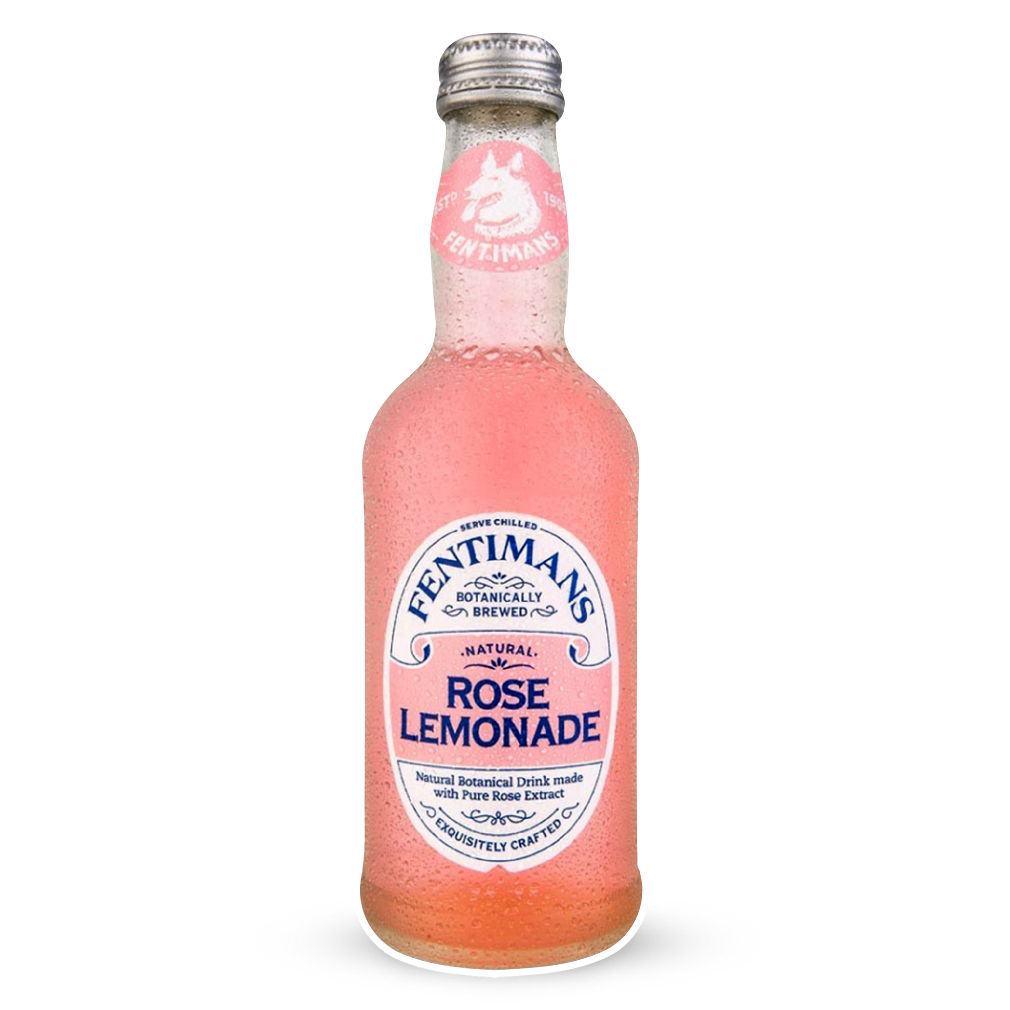 Glass bottle of Fentimans botanically brewed natural rose lemonade, pink drink
