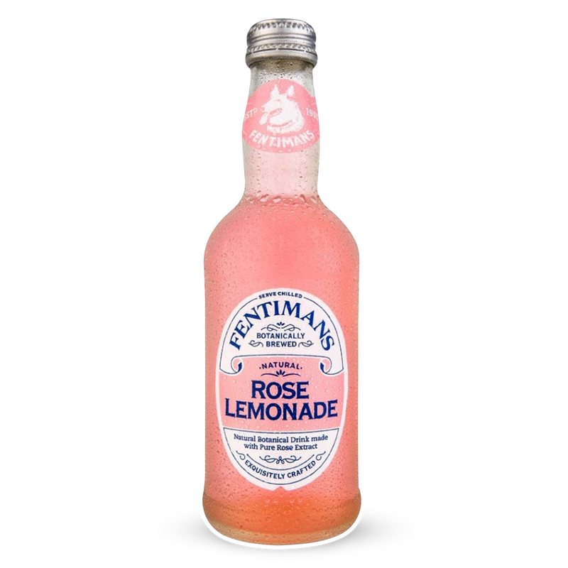 Glass bottle of Fentimans botanically brewed natural rose lemonade, pink drink