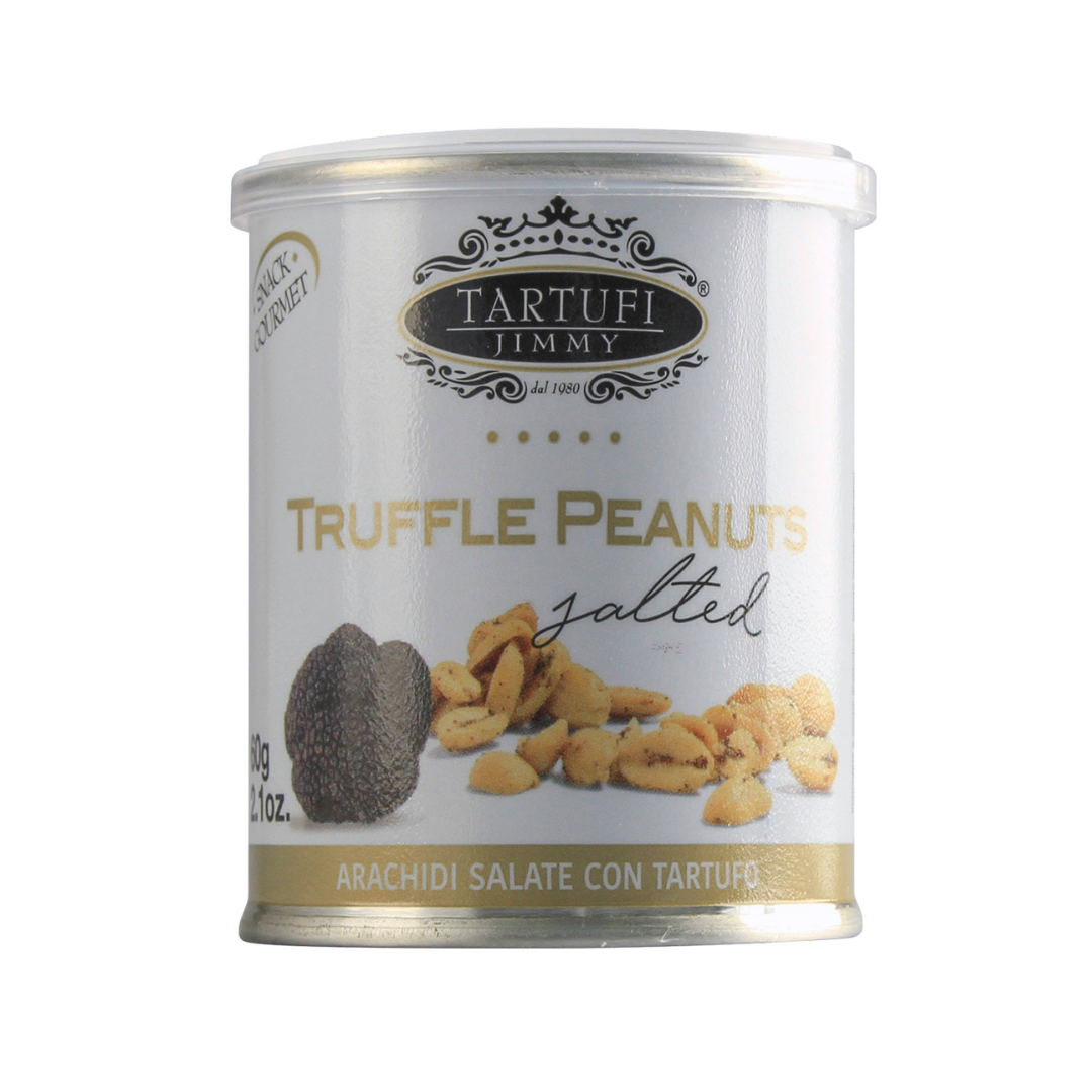 Can of salted truffle peanuts with gourmet snack label and black truffle image on front.