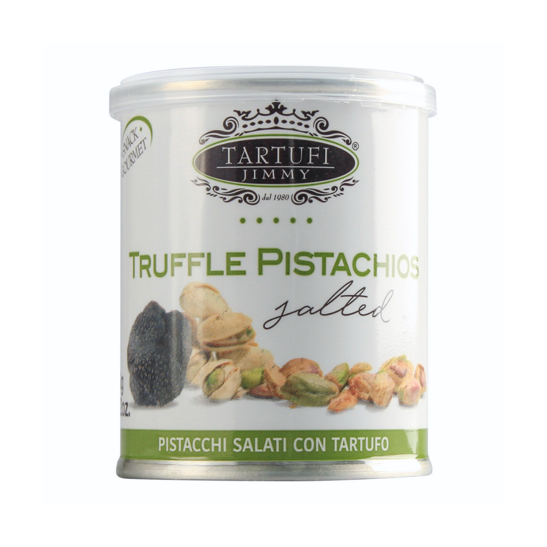 Salted truffle pistachios in a clear plastic canister with gourmet snack label