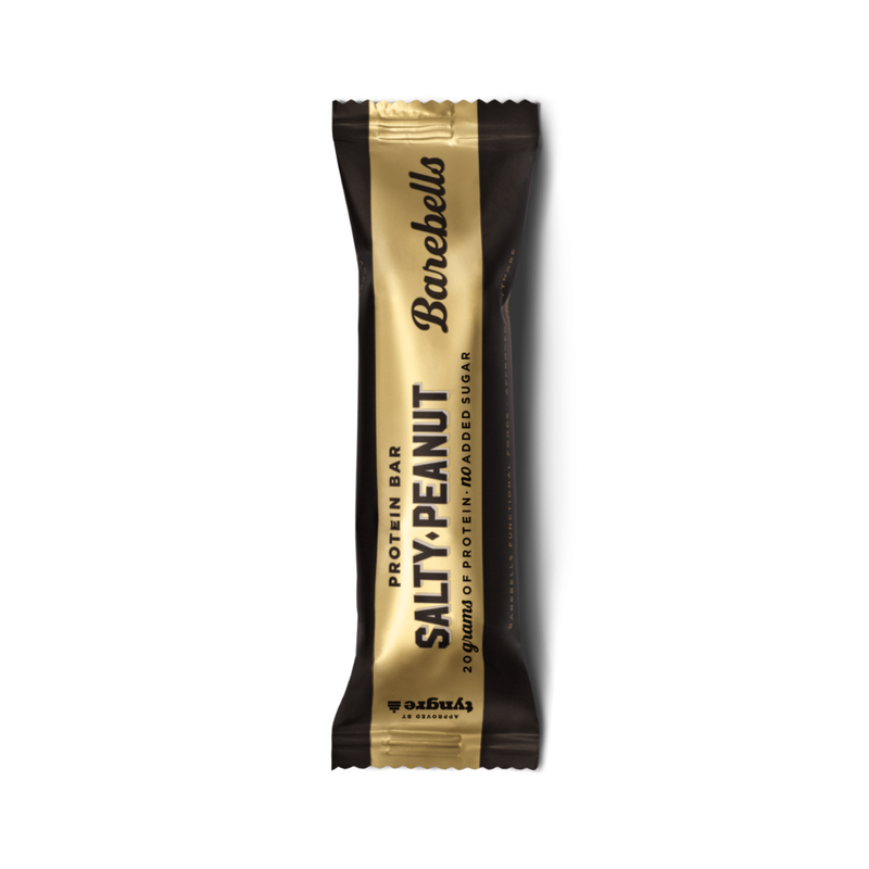 Salty Peanut protein bar in gold and black packaging, high protein, no added sugar