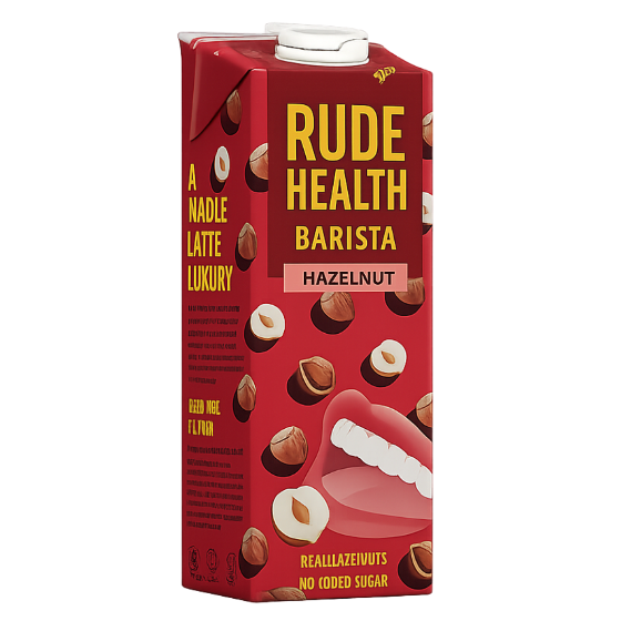 Red carton of Rude Health Barista Hazelnut milk with hazelnuts and a lip graphic on a white background