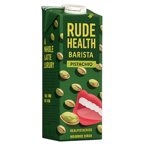 Rude Health Barista Pistachio milk carton with pistachio illustrations on a green background