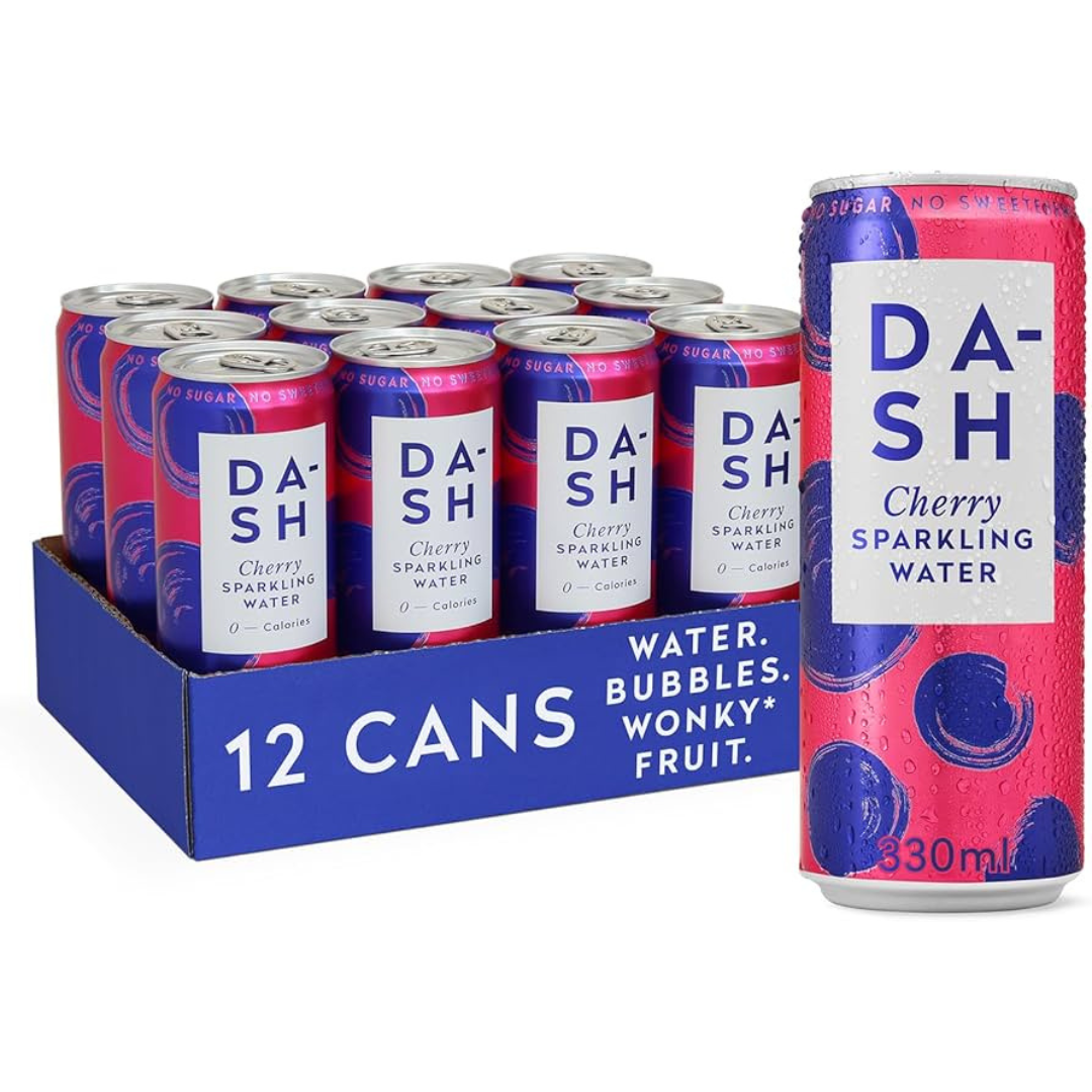 A 12-pack of DASH Cherry Sparkling Water cans in a blue tray, with one can standing upright in front on a white background.