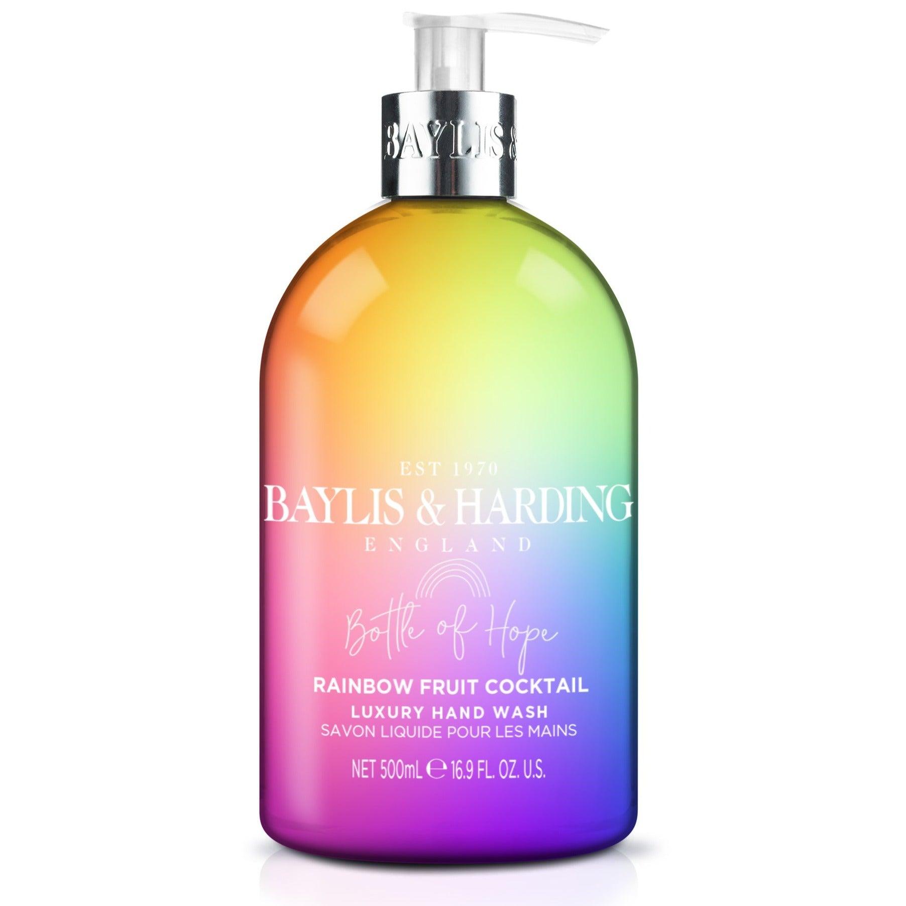 Rainbow-colored 500ml hand wash bottle with pump, labeled 'Rainbow Fruit Cocktail'.