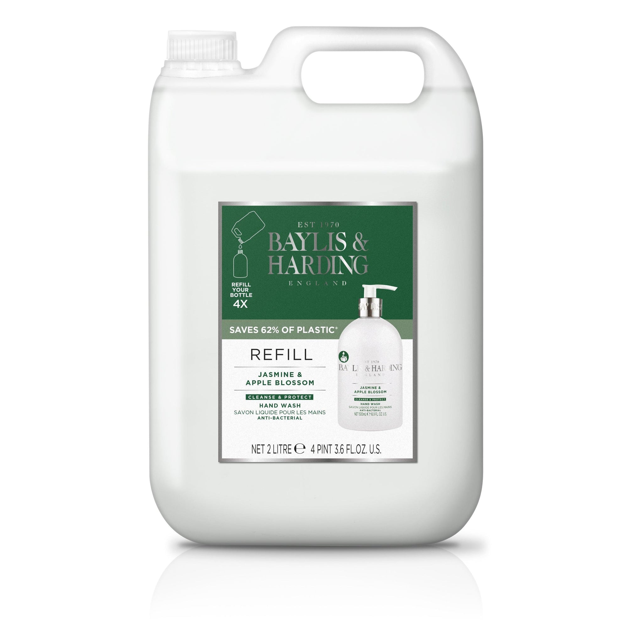 2 litre jasmine and apple blossom hand wash refill bottle with green label