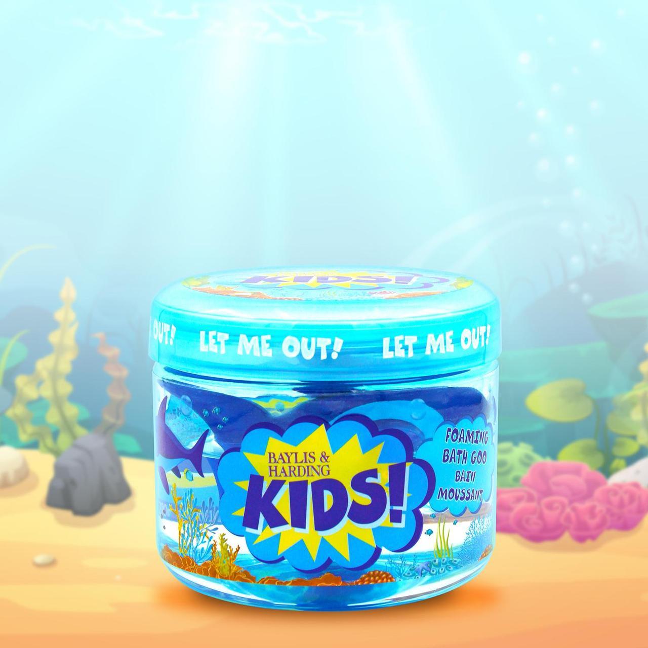 Kids foaming bath goo jar with colorful aquatic design and underwater background