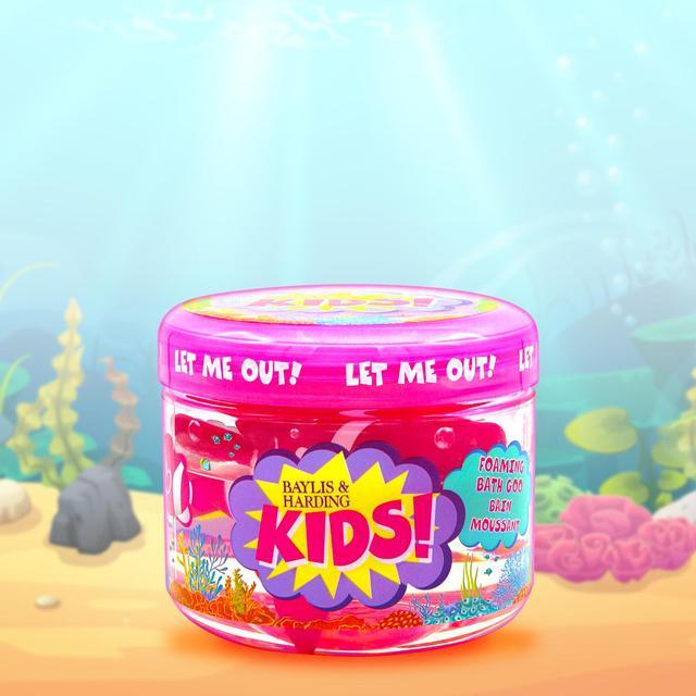 Kids foaming bath goo jar with colorful label and underwater ocean-themed background