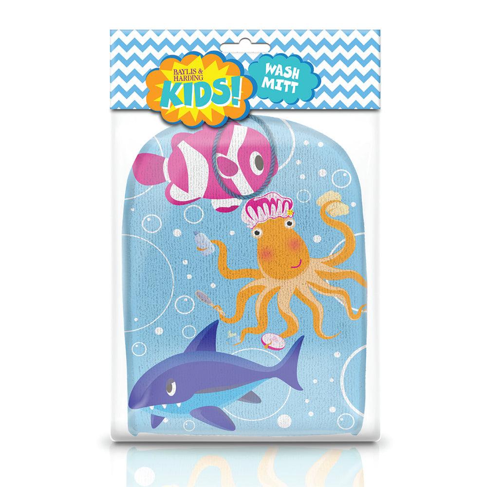 Kids wash mitt with cartoon shark, clownfish, and octopus on blue bubble background in packaging