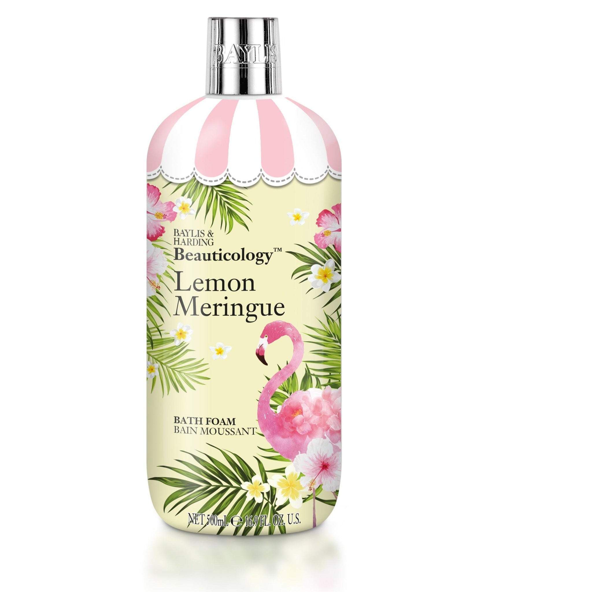 Lemon Meringue bath foam bottle with floral and pink flamingo design, 500ml size