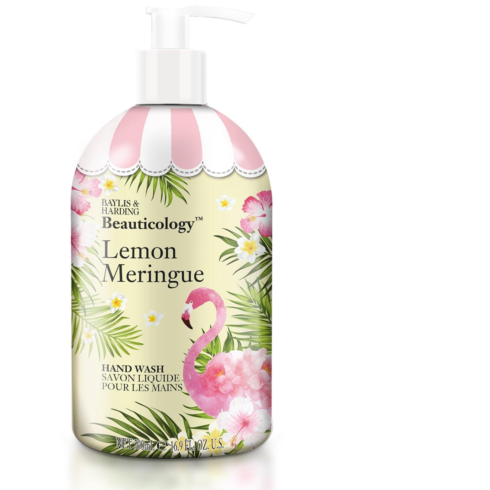 Beauticology Lemon Meringue hand wash with pink flamingo and tropical floral design