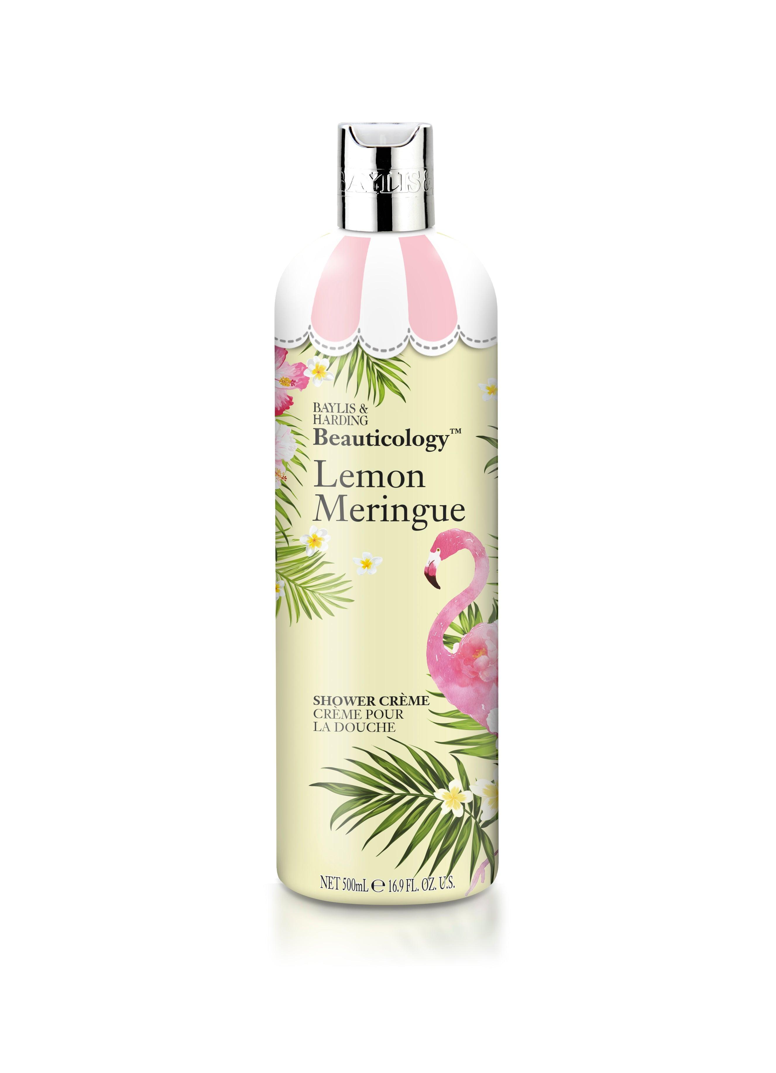 Lemon Meringue shower crème bottle with tropical leaves, flowers, and a pink flamingo design