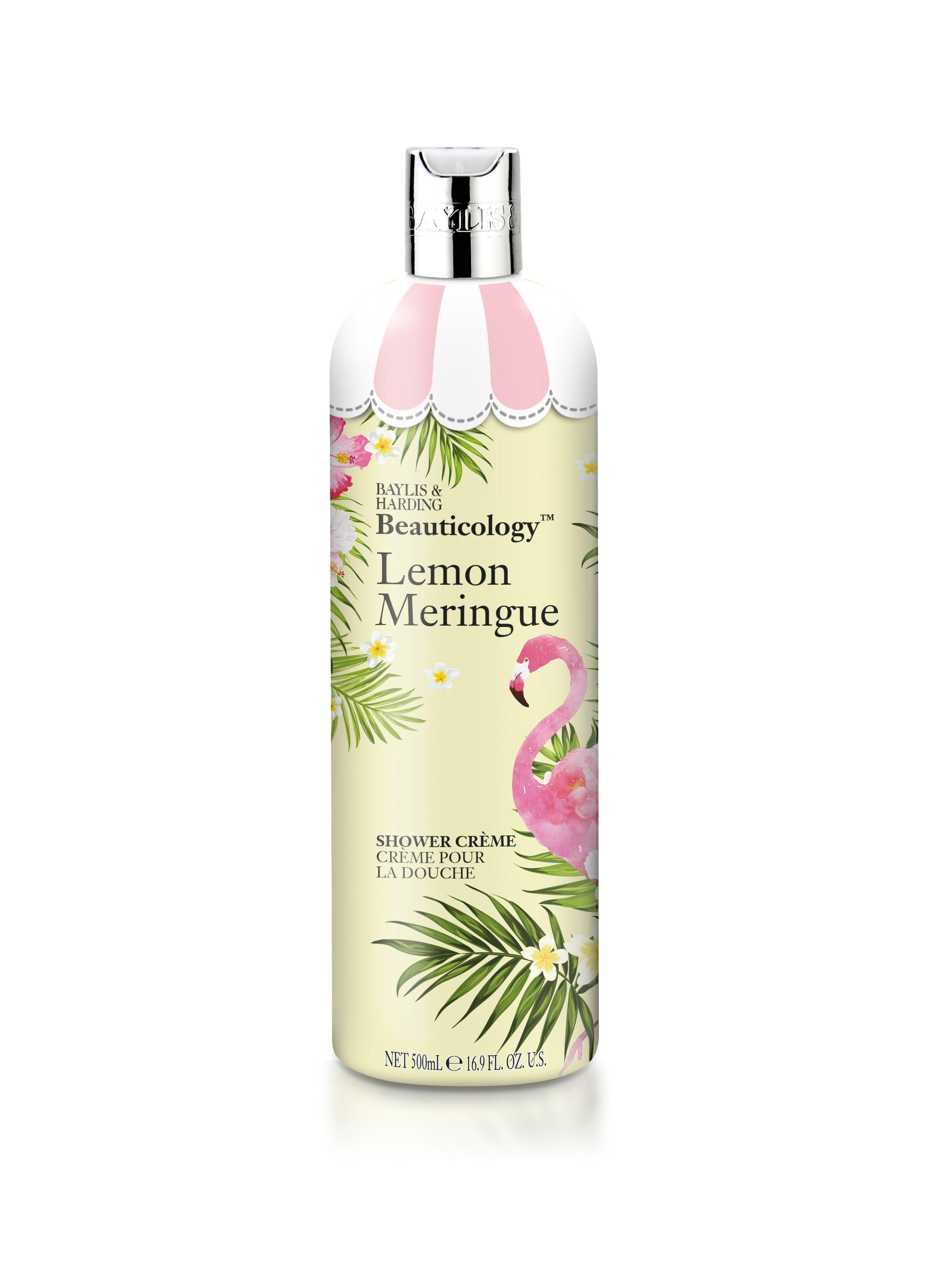 Lemon Meringue shower crème bottle with tropical leaves, flowers, and a pink flamingo design