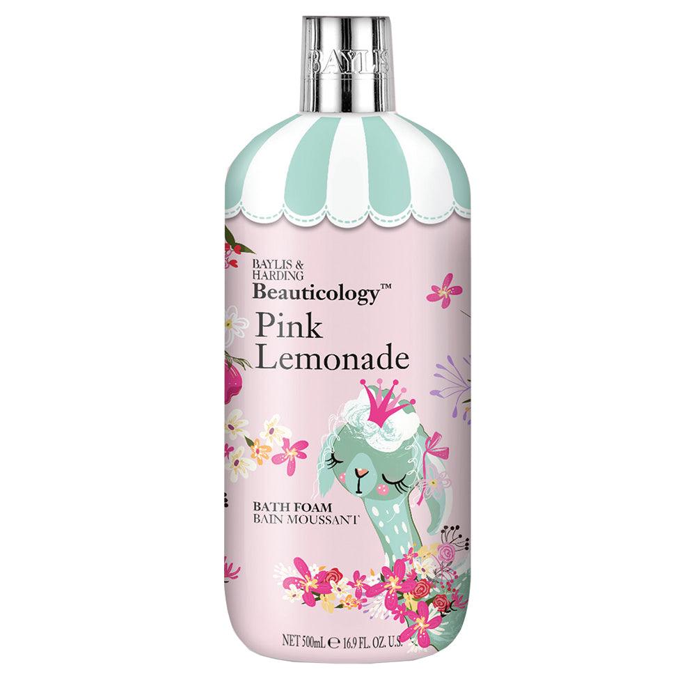 Pink Lemonade bath foam 500ml bottle with illustrated llama and floral design