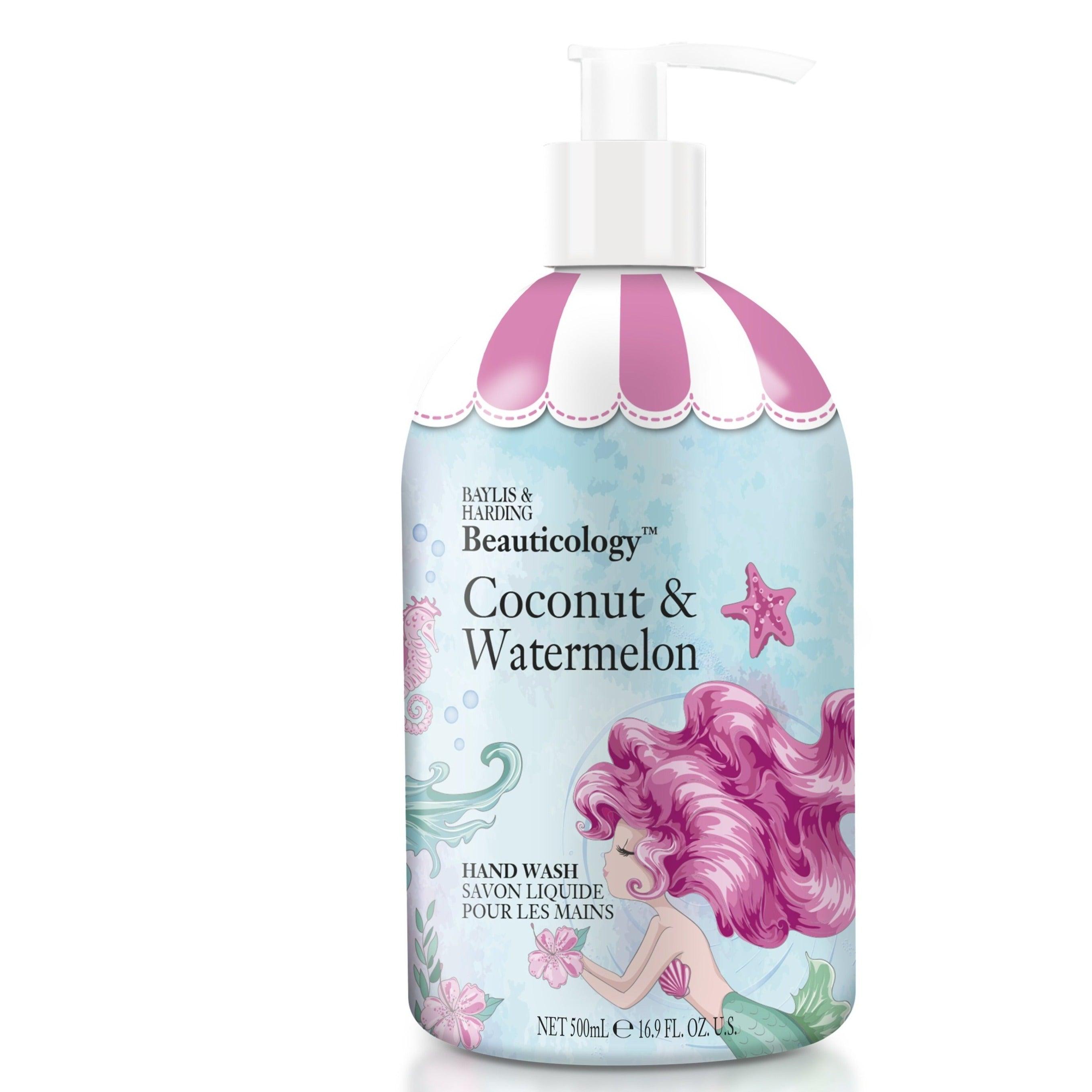 Coconut and watermelon scented hand wash bottle with mermaid and sea design, 500ml pump