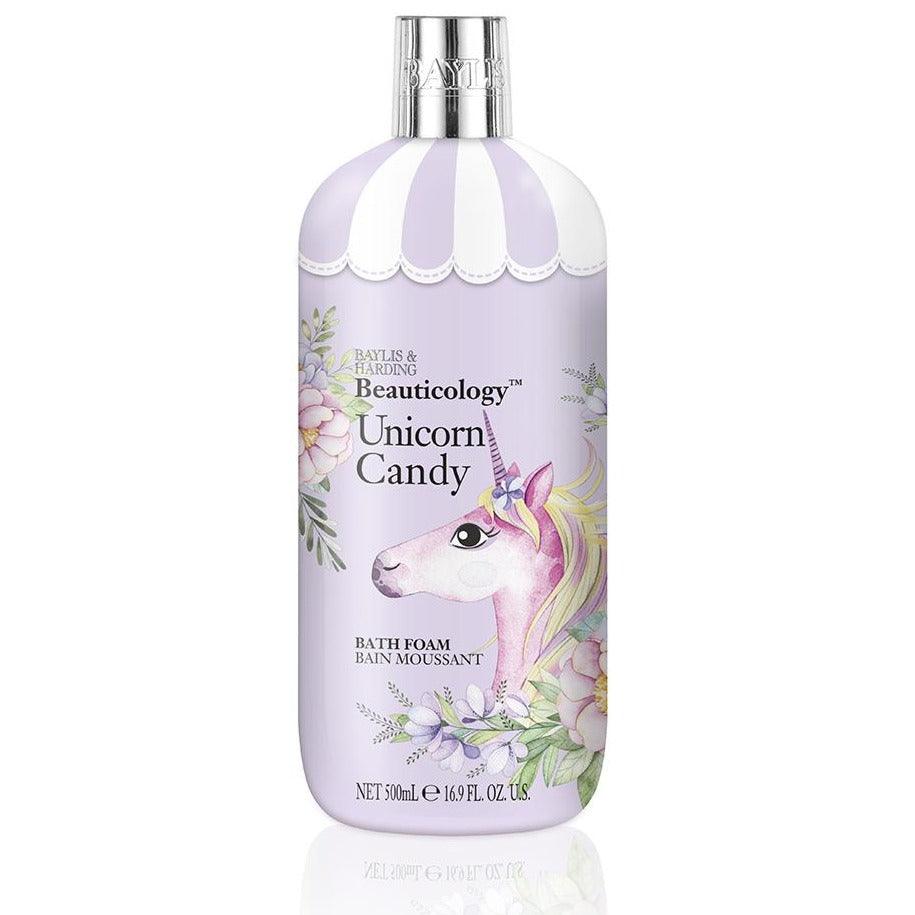 Beauticology Unicorn Candy bath foam bottle with unicorn and floral design, 500ml