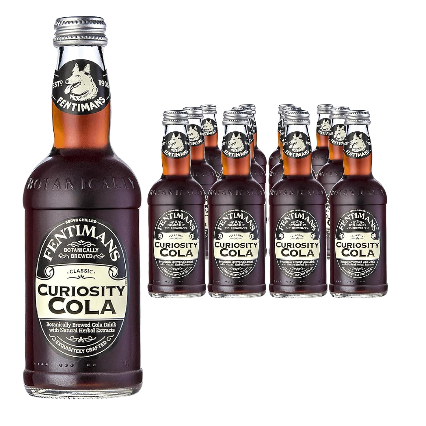 Fentimans Curiosity Cola bottles on a white background