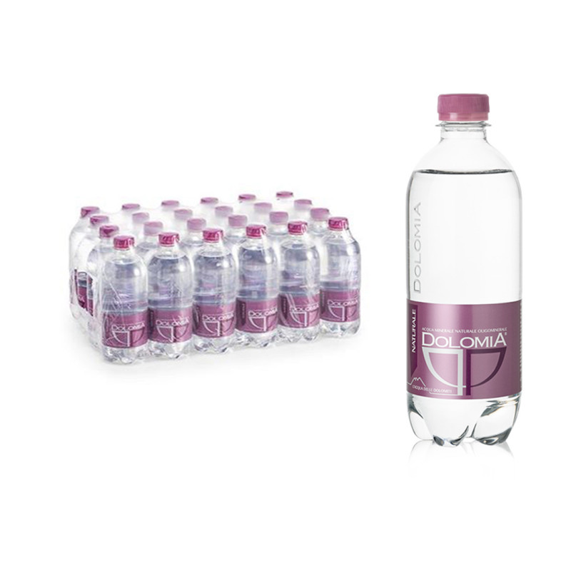 Packaging of Dolomia water bottles with a single bottle displayed on a white background