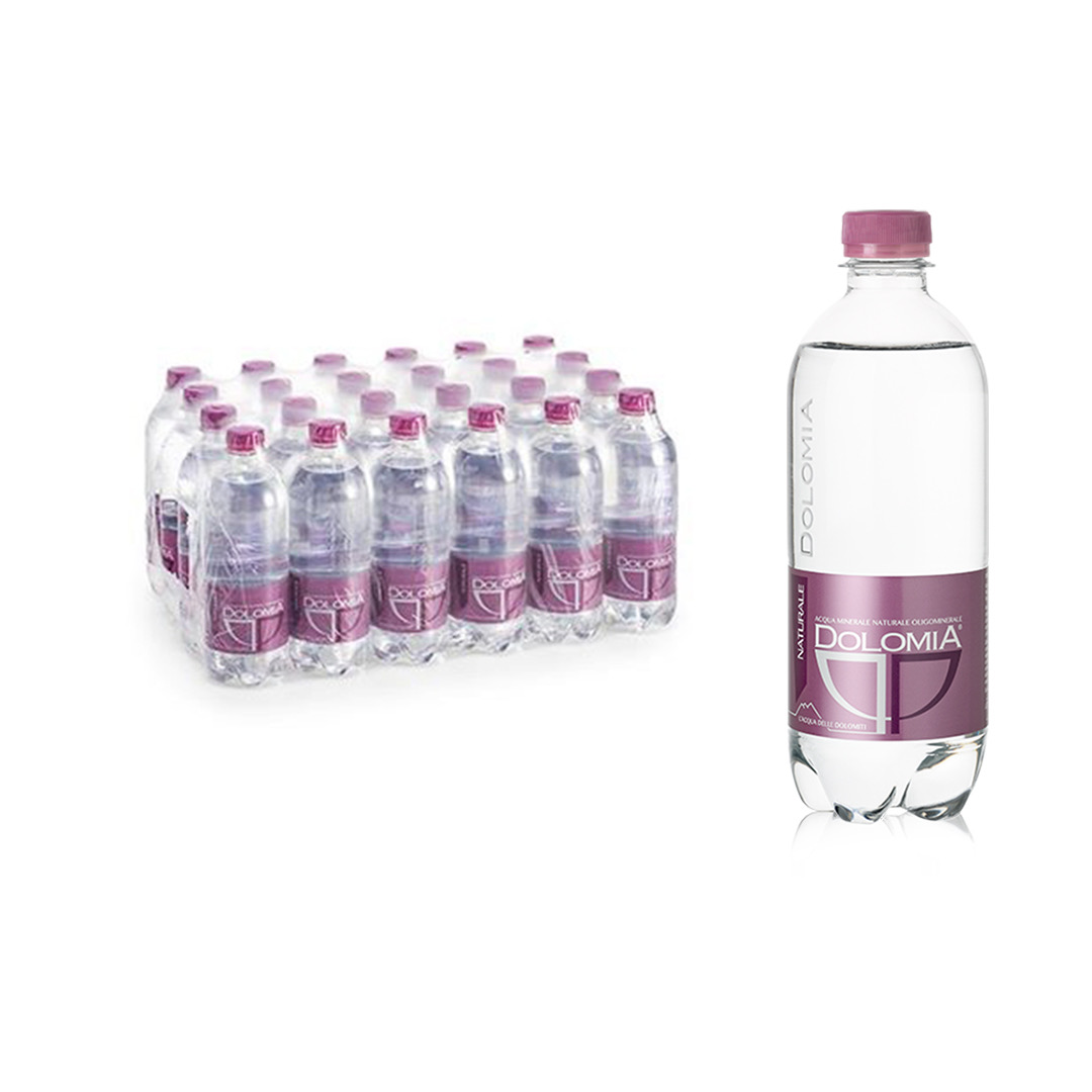 Pack of Dolomia water bottles with a single bottle displayed on a white background