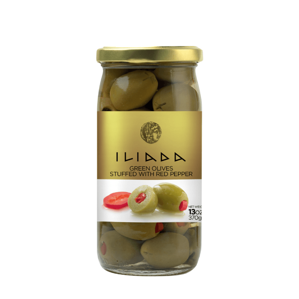 Green Olives Stuffed w/ Red Pepper 370gms in Jar - THINK GOURMET