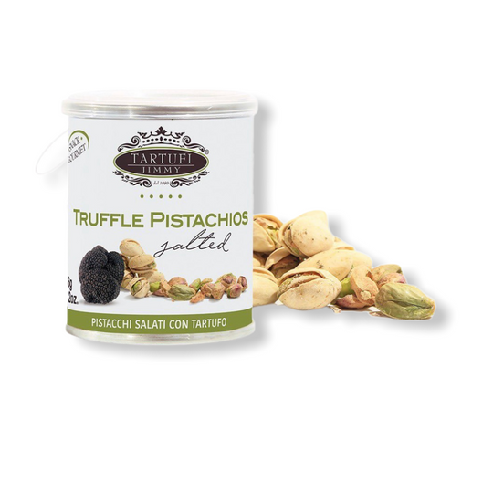 Salted truffle pistachios in a can with pistachios scattered beside the container