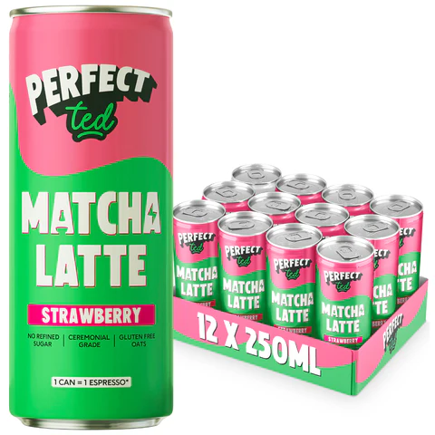 Strawberry matcha latte cans, 12 pack, pink and green, 250ml, perfect for gourmet drinks