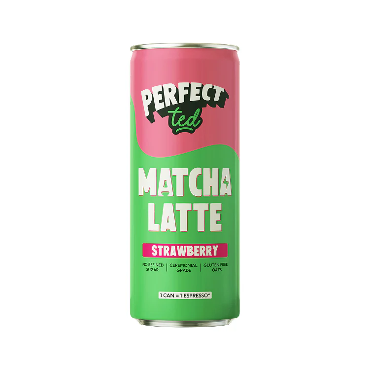 Strawberry matcha latte drink in a pink and green can, gluten free oat beverage