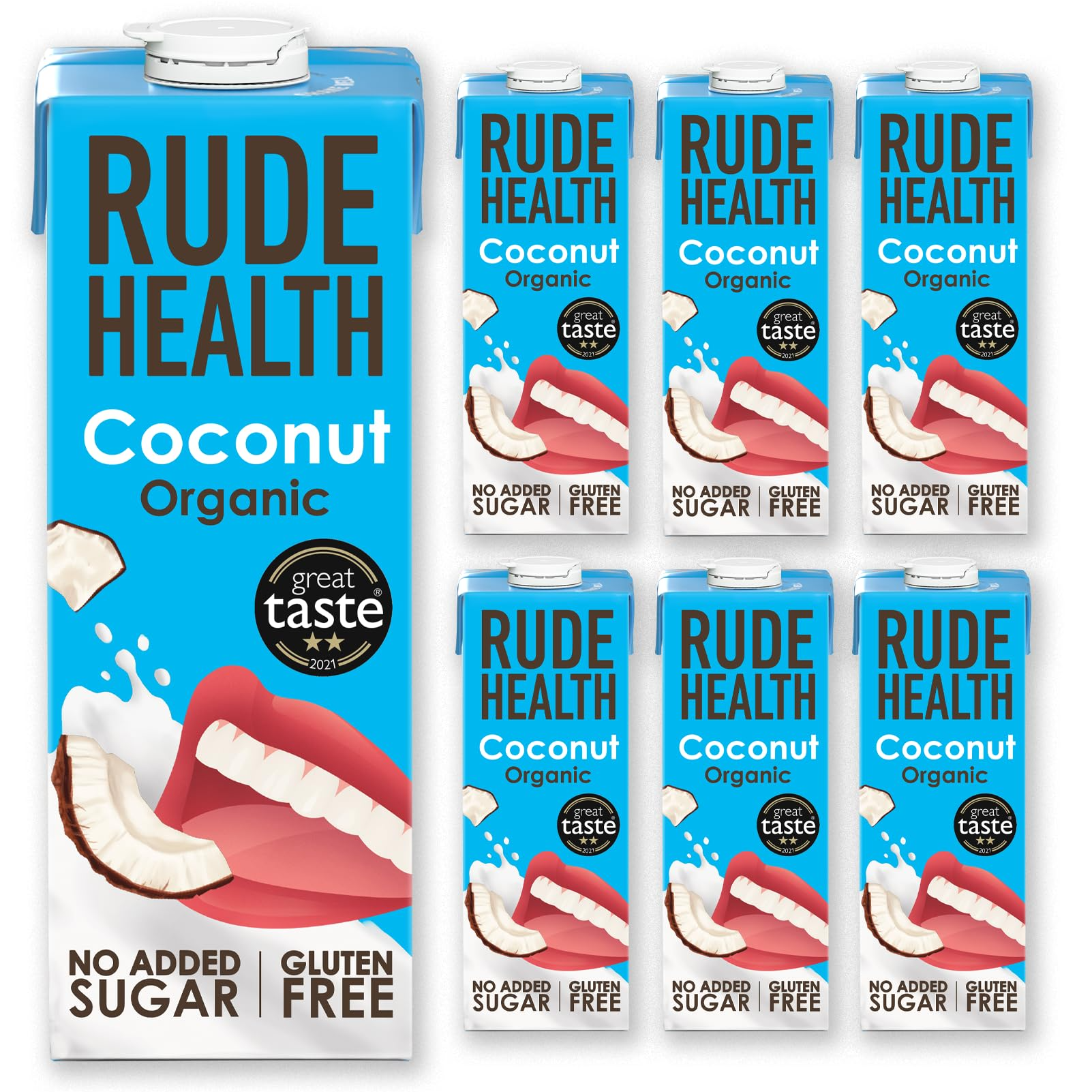 Multiple boxes of Rude Health Coconut Organic drink on a white background