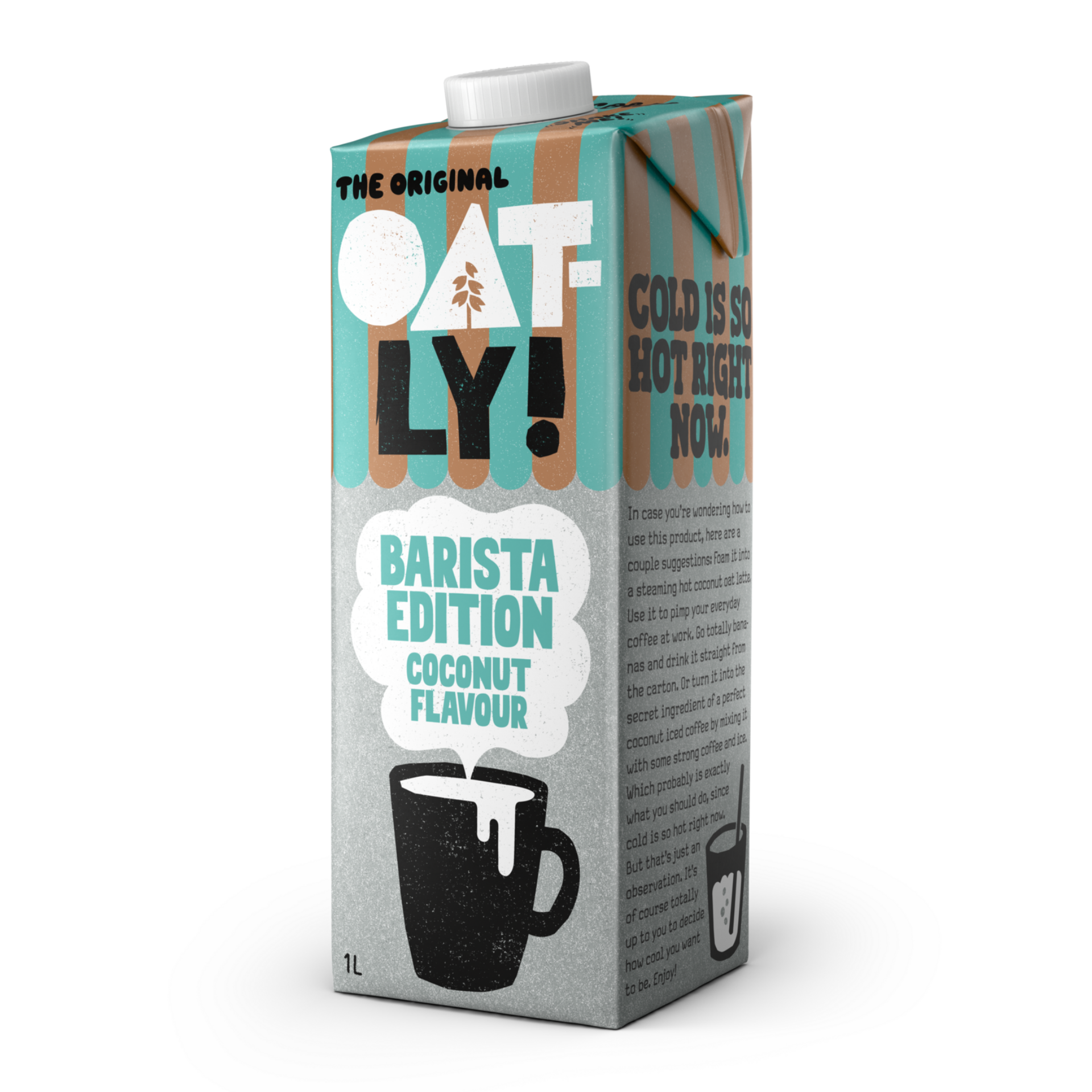 A 1L carton of Oatly Barista Edition Coconut Flavour milk, featuring a grey and teal design with a black coffee cup illustration, shown on a white background.