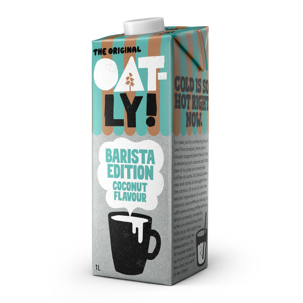 A 1L carton of Oatly Barista Edition Coconut Flavour milk, featuring a grey and teal design with a black coffee cup illustration, shown on a white background.