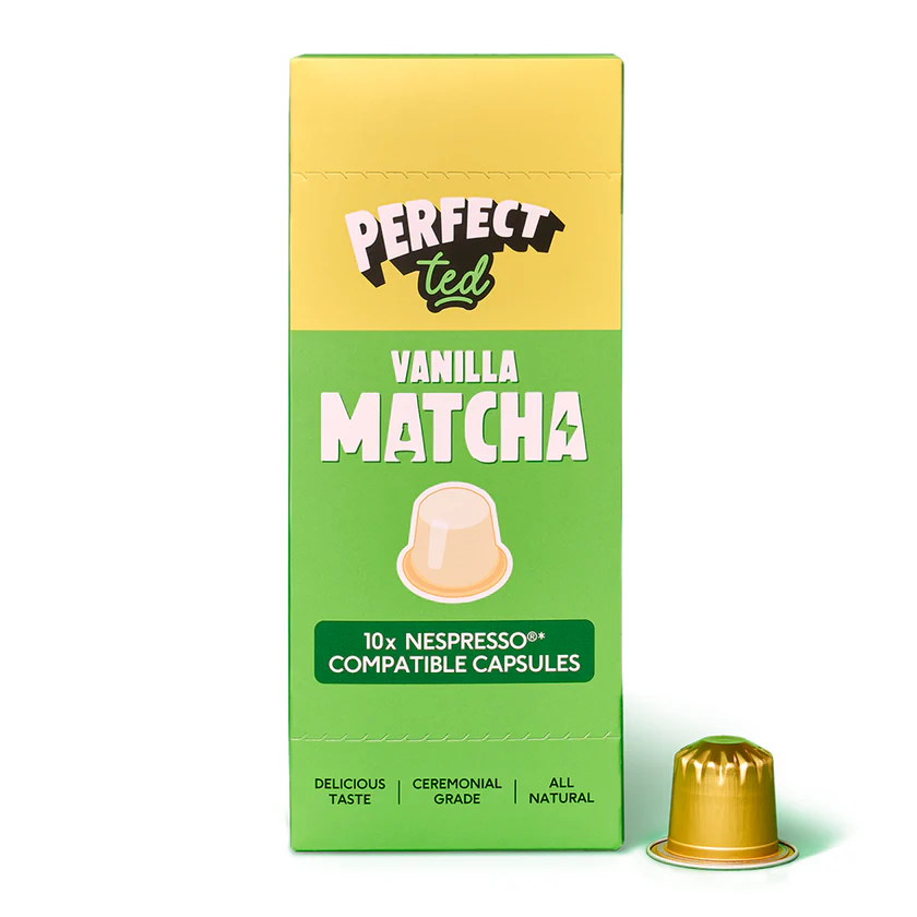 Vanilla matcha Nespresso compatible capsules box with single gold capsule beside it