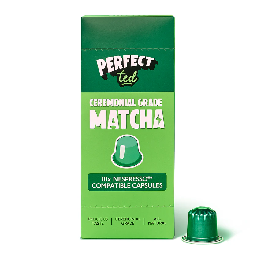 Ceremonial grade matcha Nespresso compatible capsules in green box with single capsule