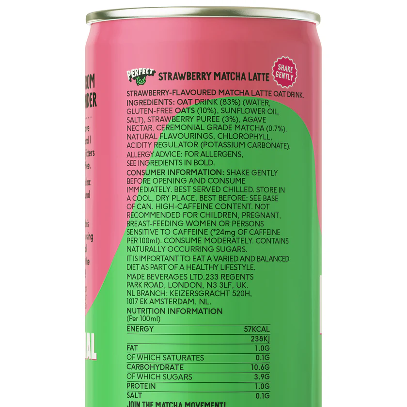 Strawberry Matcha Latte oat drink can with nutritional info and ingredients list visible.