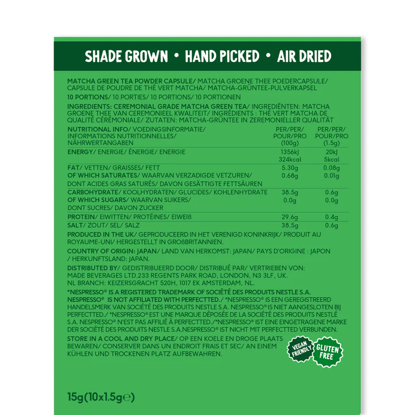 Matcha green tea powder capsule nutrition label with shade grown, vegan, gluten free details