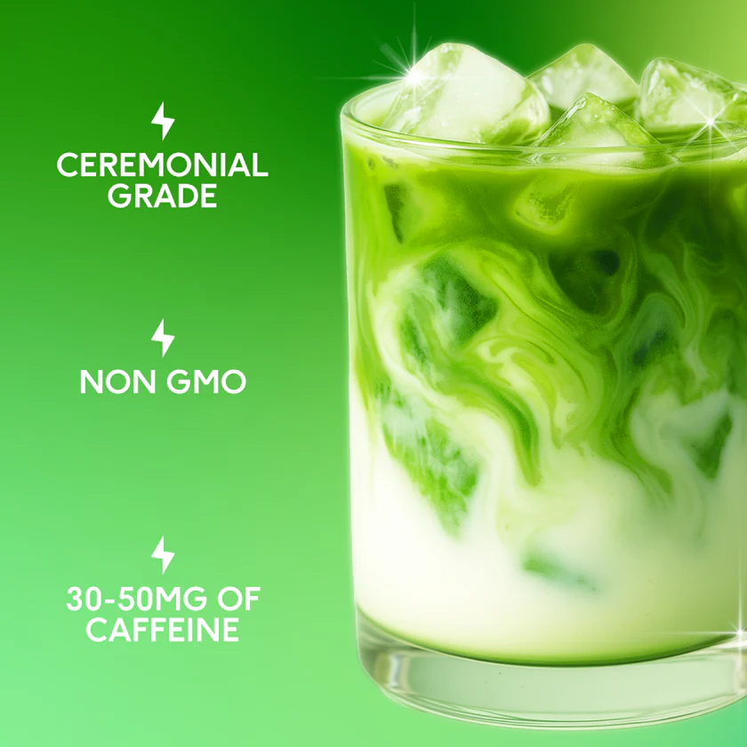 Iced matcha latte in glass with milk swirls, ceremonial grade, non-GMO, 30-50mg caffeine