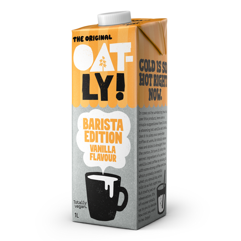 A 1L carton of Oat-Ly! Barista Edition Vanilla Flavour hot drink mix, shown at a three-quarter angle on a clean white background.
