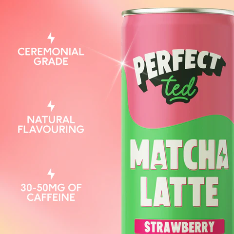 Strawberry matcha latte drink can with ceremonial grade, natural flavouring, 30-50mg caffeine