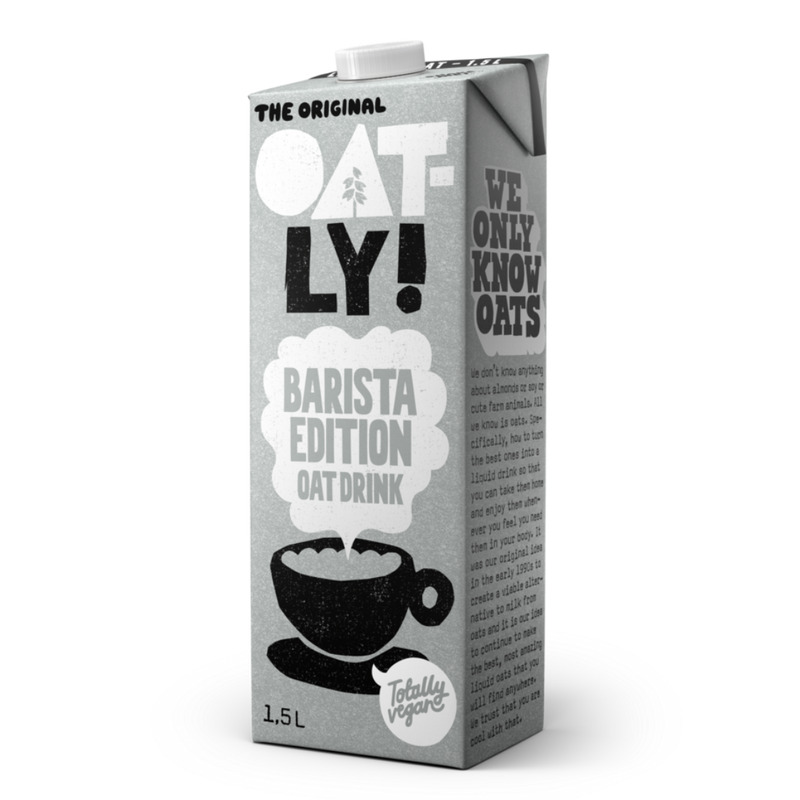 Oatly Barista Edition oat drink carton on a white background