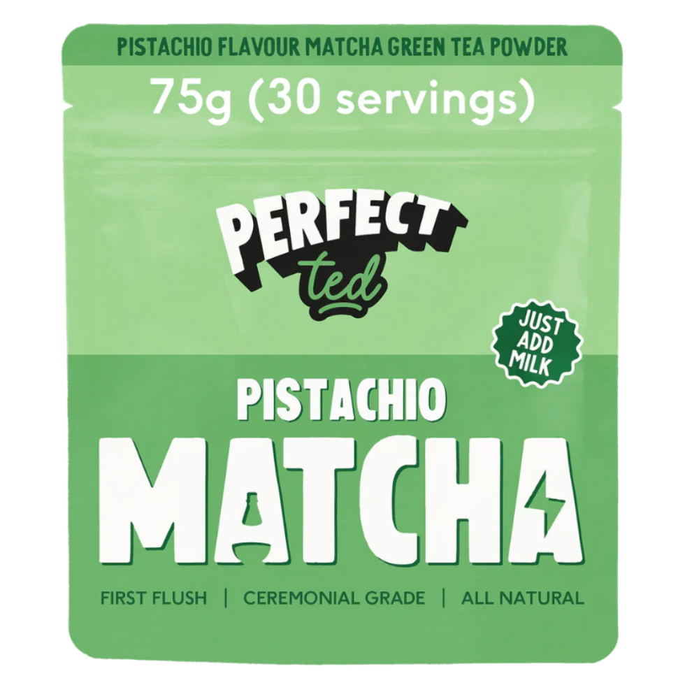 Green package of Perfect Ted Pistachio Matcha green tea powder on a white background